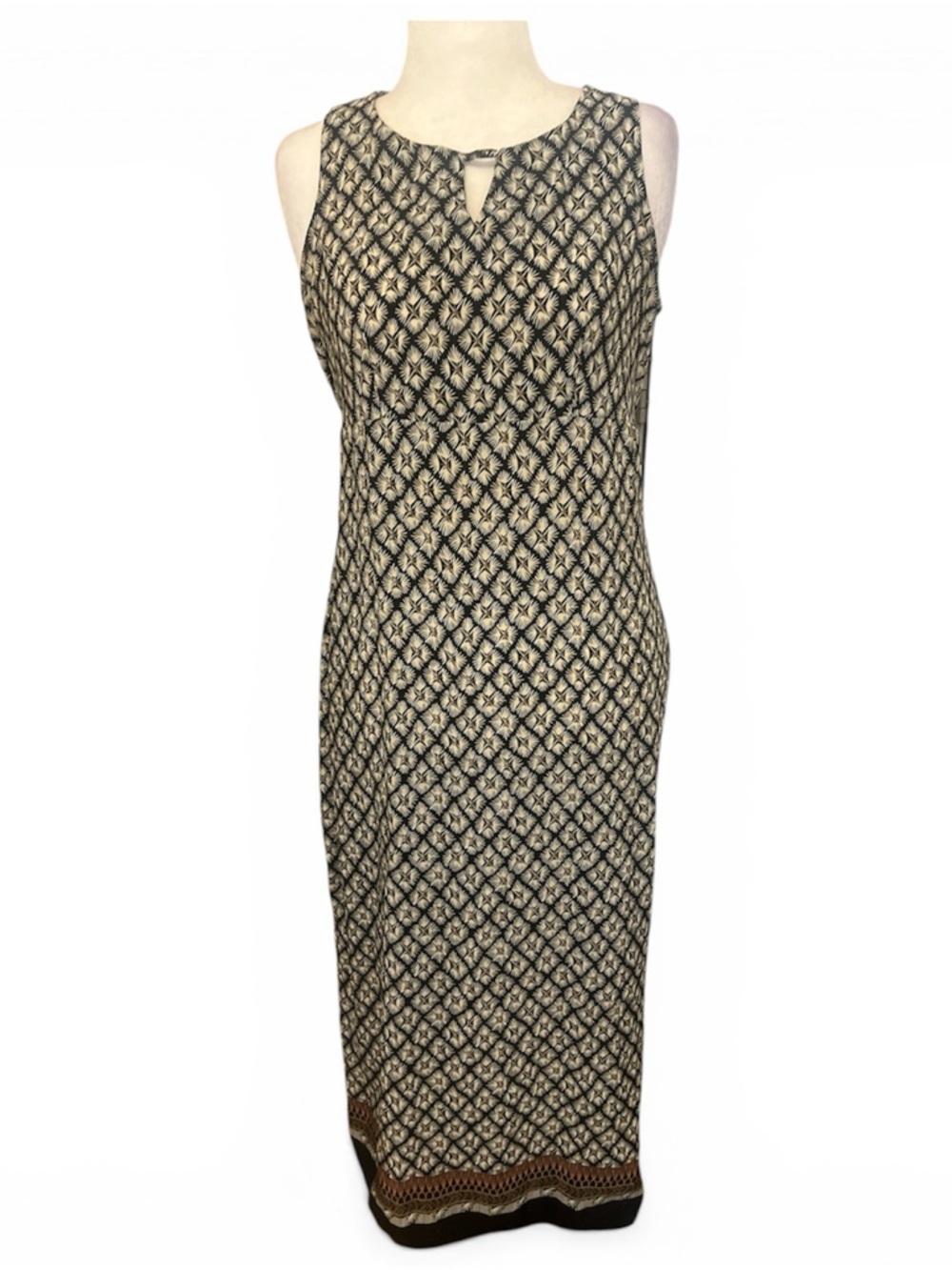 Vintage 90s Boho Maxi Dress Black Cream Sleeveless Tie Waist Size 14
